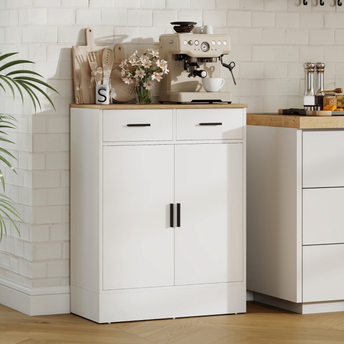 STILVORA Dressoir 68,6 x 35 x 90,3 cm – 2 Lades En Kast Met Verstelbare Plank – Opbergkast Voor Woonkamer Keuken Hal – Houtlook – Zonder Matras – Wit