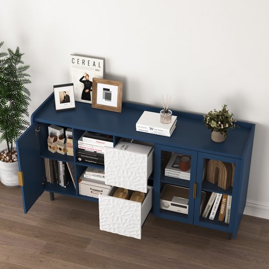 STILVORA Opbergkast - Met Glazen Deuren En 2 Lades - Koffiehoek Voor Keuken En Woonkamer - MDF - Blauw - 55 Inch Hoog
