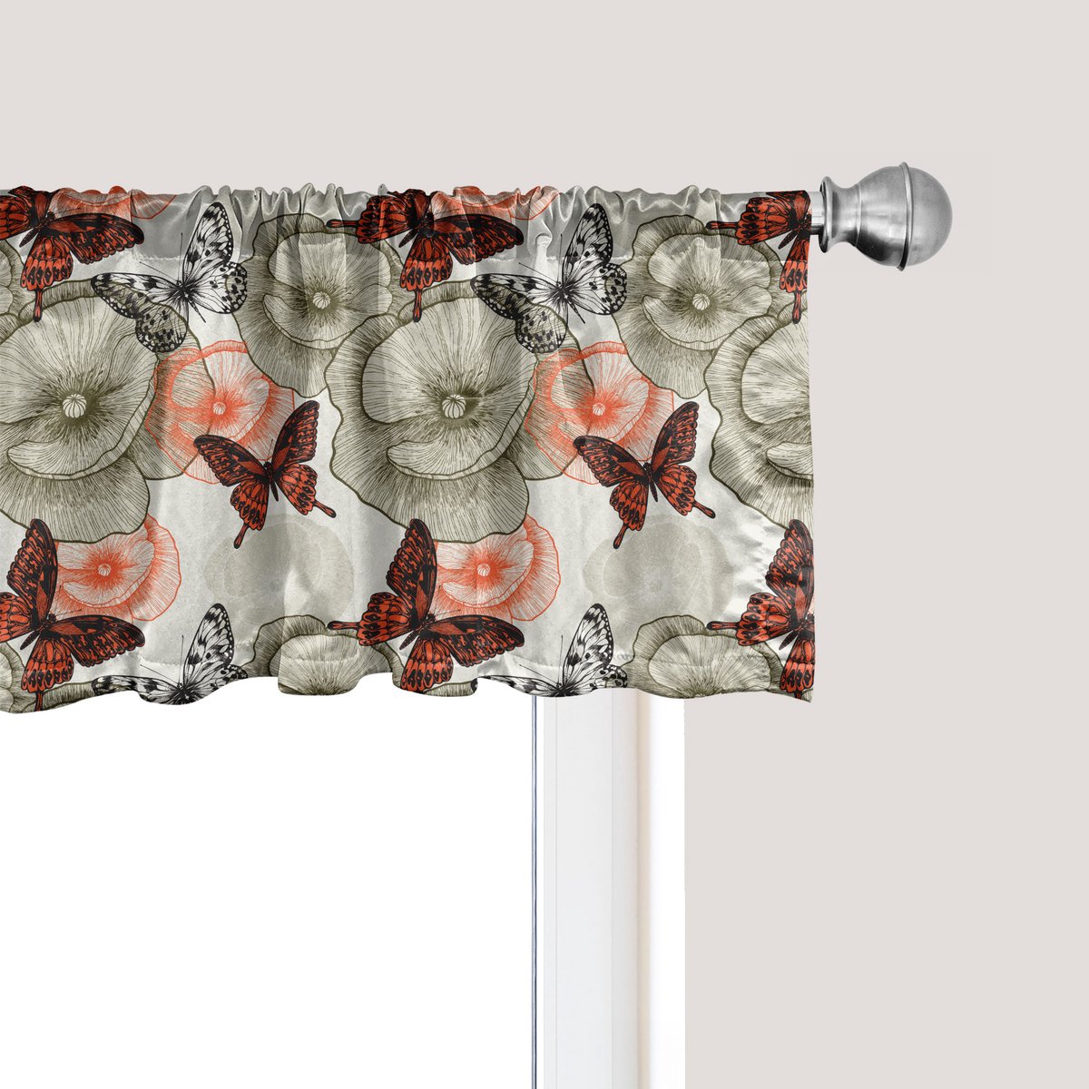 ABAKUHAUS Vlindergordijnvalletje, gordijnvalletje voor keuken en slaapkamer met tunnelzoom, 137 cm x 30 cm, oranje zwart kaki