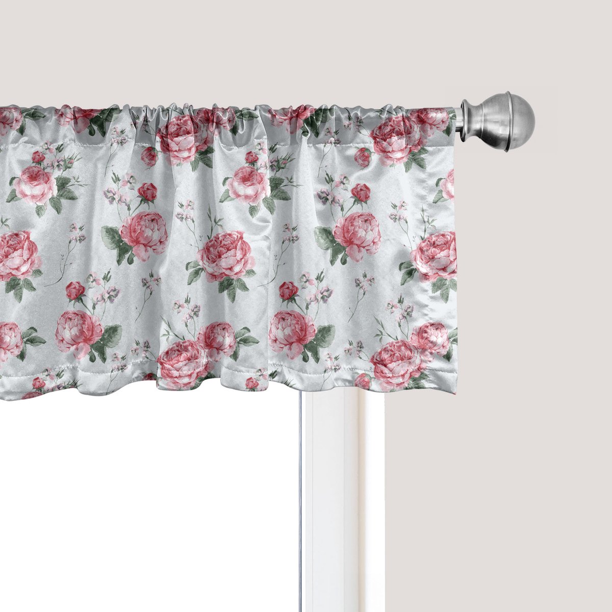 ABAKUHAUS Shabby Flora Raamvalletje, Gordijnvalletje voor Keuken en Slaapkamer met Tunnelzoom, 137 cm x 30 cm, Amandelgroen Lichtroze