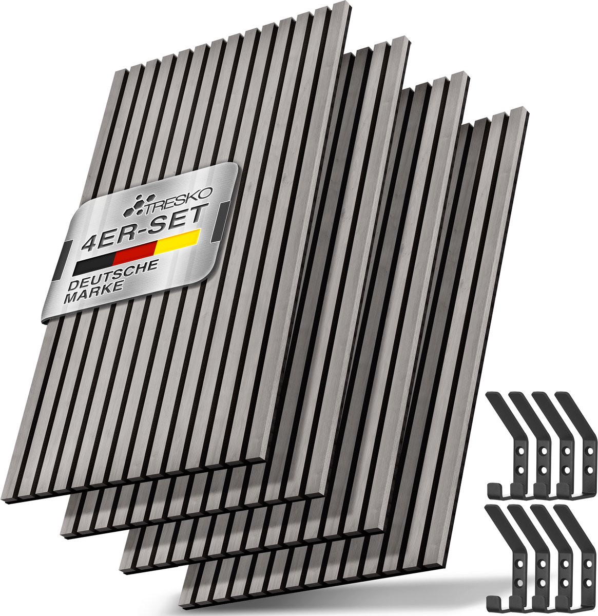 TRESKO 4 stuks akoestische panelen van hout, 120 x 60 cm, incl. 8 x kledinghaken, wandbekleding licht als 3D-lamellenwand, houten panelen voor geluidsisolatie, akoestische wandpanelen, inclusief