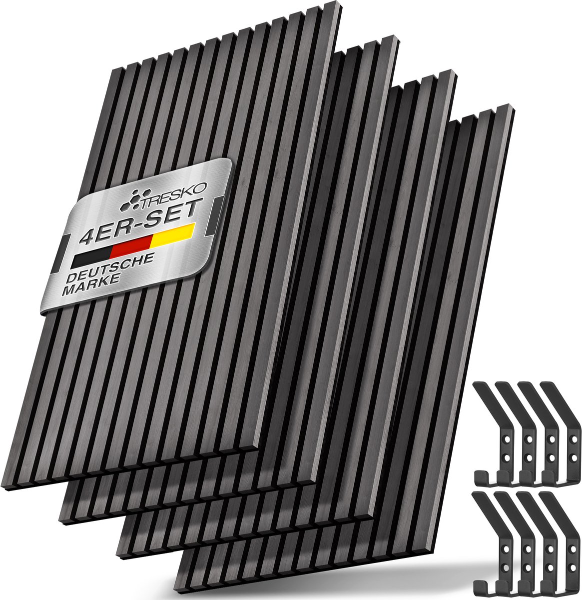 TRESKO 4 stuks akoestische panelen van hout, 120 x 60 cm, incl. 8 x kledinghaken, wandbekleding licht als 3D-lamellenwand, houten panelen voor geluidsisolatie, akoestische wandpanelen, inclusief