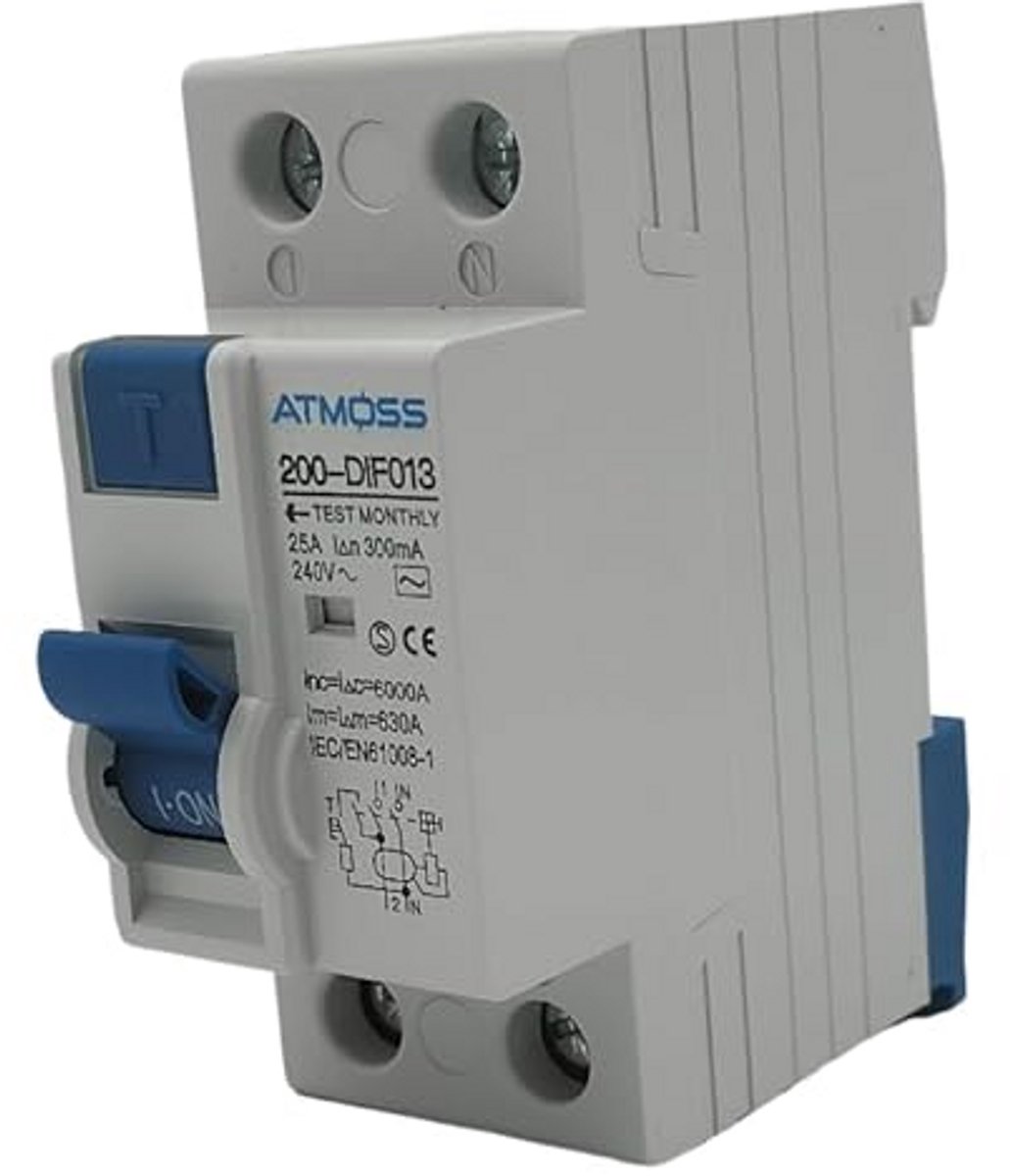 Aardlekschakelaar 2P 25A 300mA Differentieel voor 230V AC Installaties