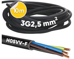 10 meter Kalitec H05VV-F flexibele kabel 3x2,5 mm² | 3G2,5 mm² stroomkabel met beschermingsgeleider | PVC-kabel voor binnengebruik | zwarte elektrische kabel | flexibele lampkabel | 3-aderige apparaatkabel