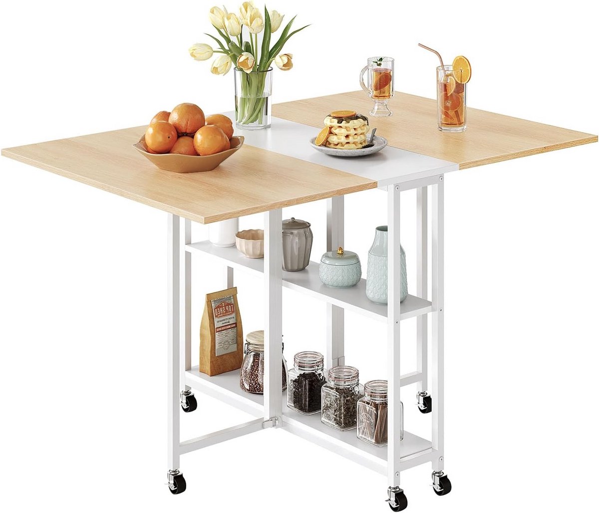 Opvouwbare en Uitschuifbare Eettafel met Wielen voor Kleine Ruimtes