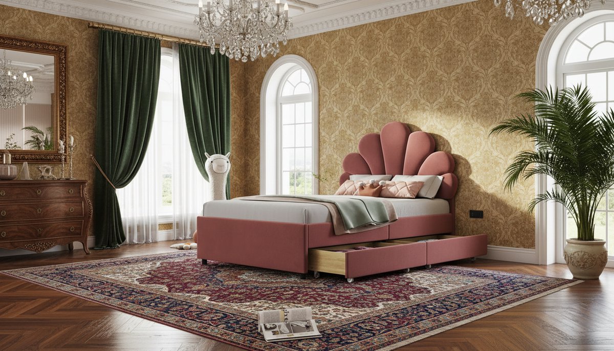 Tienerbed 90x200 cm met Opbergladen – Casa Velluto Rosa Fiore Roze – Gestoffeerd Platformbed met Verstelbaar Hoofdbord en Lattenbodem – Houten Jeugdbed met 2 Ladeopslag