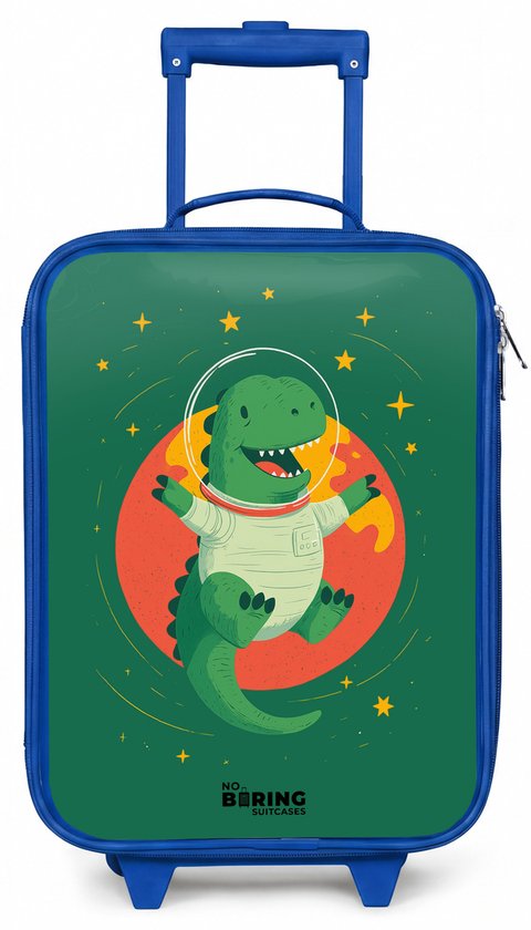 Groene voorkant van een kinder koffer met dinosaurus astronaut tussen sterren en planeten.