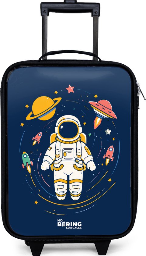 NoBoringSuitcases.com® - Kinderkoffer jongen - Kindertrolley meisje - Astronaut - Planeet - Sterren - Raket - Koffer kind lichtgewicht - Reiskoffer trolley voor kinderen - Koffertje met lichtgevende wieltjes - Rolkoffer zwart