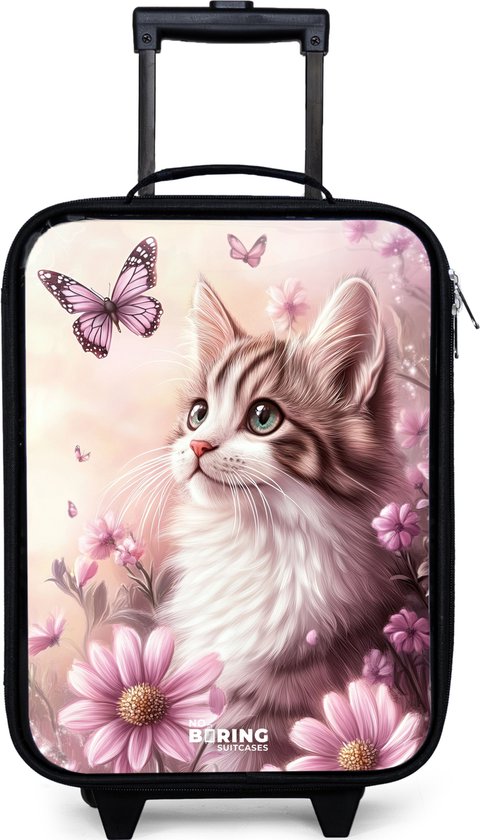 Zwarte kinder trolley met een print van een katje, paarse bloemen en vlinders. De wieltjes geven groen licht.
