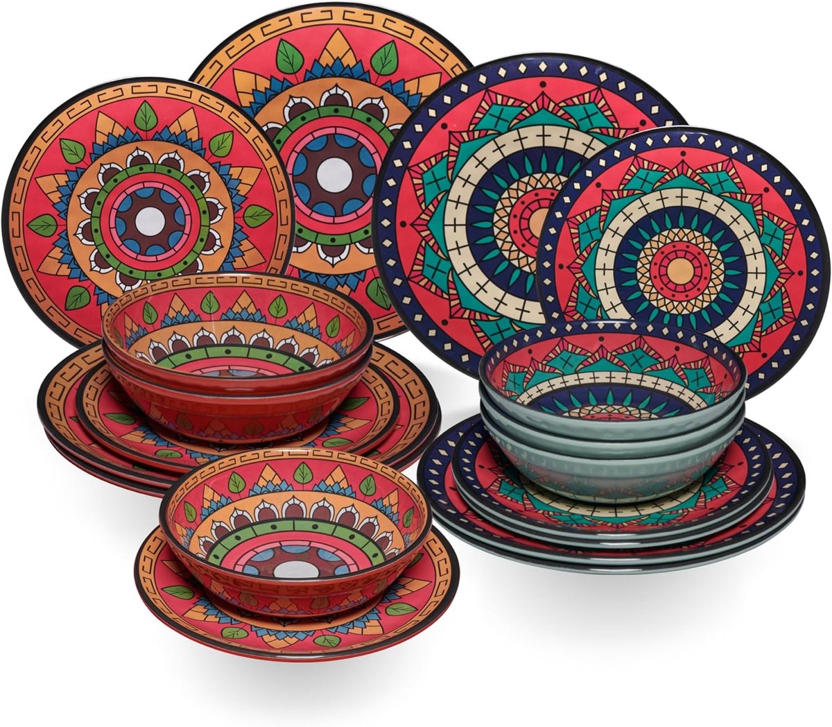 Servies Set - Kampeer Servies - Outdoor Eten - Mandala Look - 18 Delen - Rood Groen