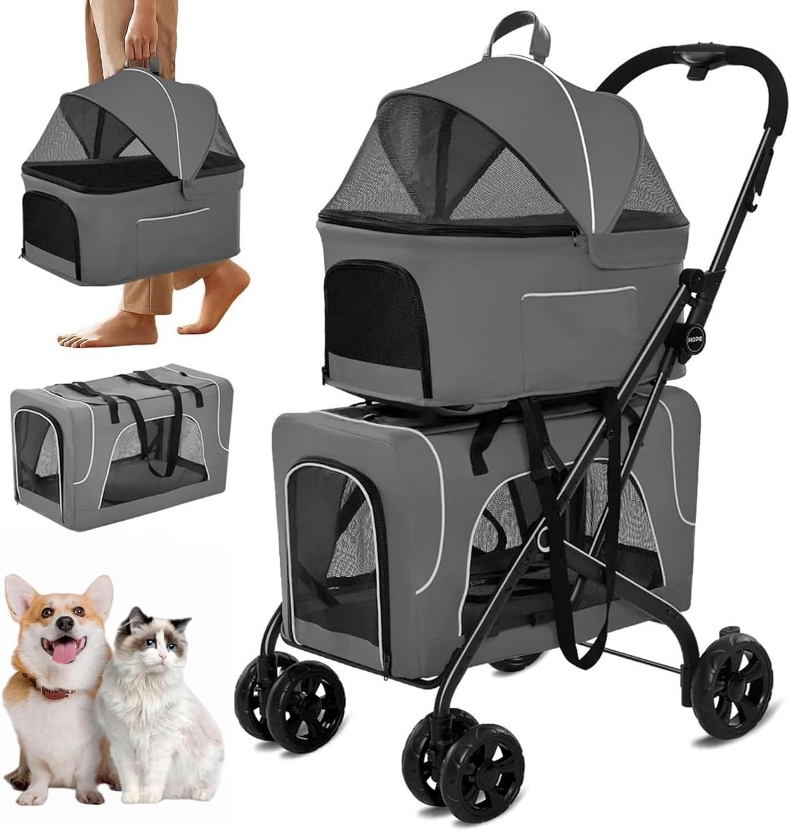 Hondenwandelwagen Dubbel - Reiswieg Huisdier - Veilig Vervoer - 3-in-1 Ontwerp - 64x51x105 cm - Grijs