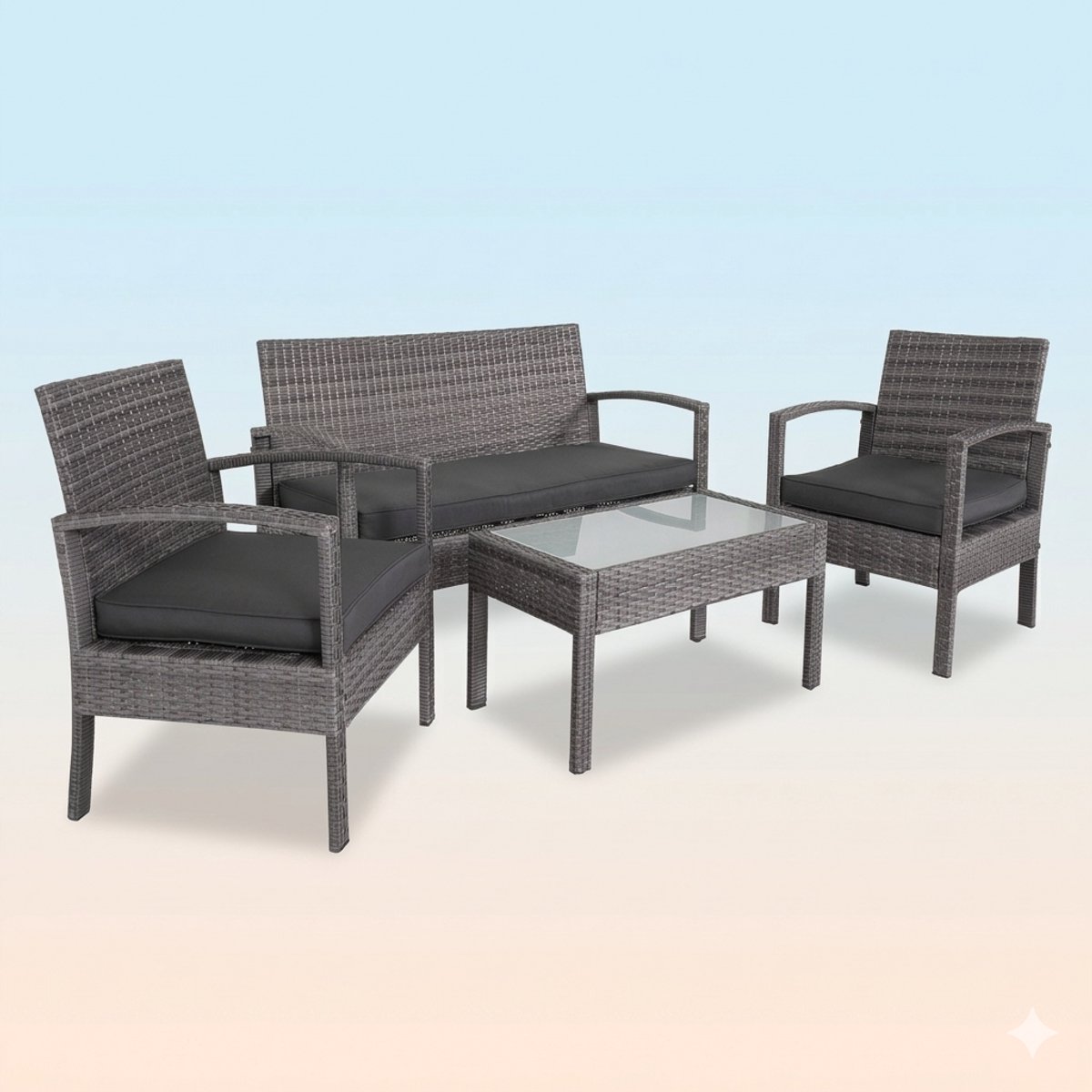 Luxe 4-Persoons Tuinmeubelset Polyrattan – Weerbestendige Loungeset met Tuinbank, 2 Fauteuils & Tafel – Inclusief Comfort Kussens – Ideaal voor Tuin, Balkon & Terras – Grijs – House & Garden