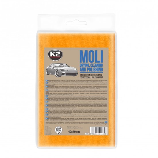 Oranje verpakking met K2 MOLI microvezeldoek 40x40cm. De verpakking toont een auto en productinformatie.