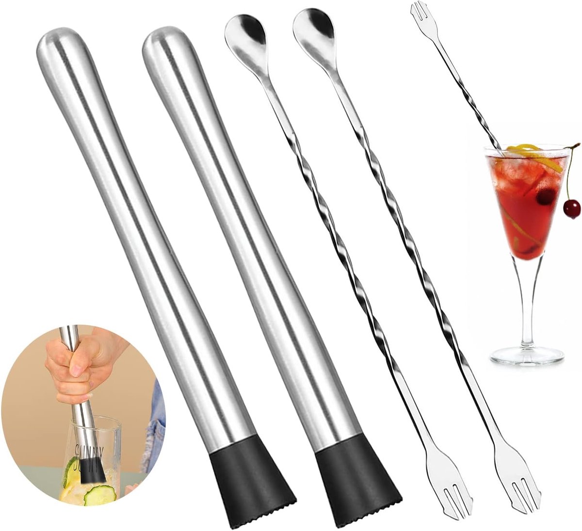Cocktail Muddler Set - Barbenodigdheden - Drankjes Maken - Roestvrij Staal - 2 Stuks - Zilver