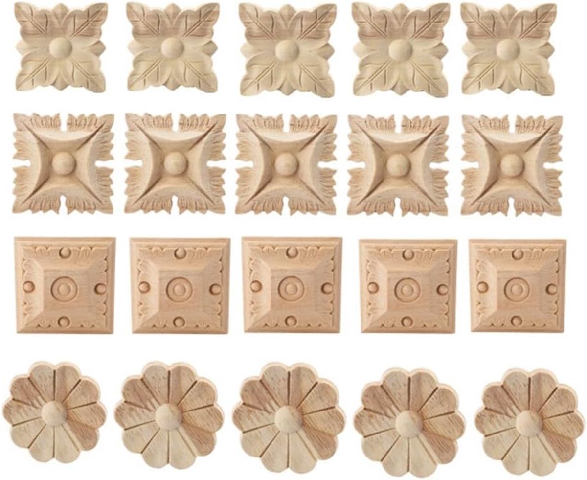 Houten Applicaties - Snijwerk Decals - Meubeldecoratie - Ongelakt Natuurhout - 5x5 en 8x8 cm - Natuurlijk