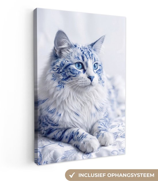 Canvas schilderij 80x120 cm - Exclusieve wanddecoratie Kat - Patroon - Blauw - Muurdecoratie woonkamer - Slaapkamer decoratie - Kamer accessoires - Schilderijen op canvas