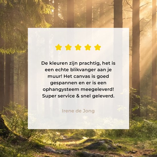 Review: 'De kleuren zijn prachtig, het is een echte blikvanger aan je muur! Het canvas is goed gespannen en er is een ophangsysteem meegeleverd! Super service & snel geleverd.' - Irene de Jong.