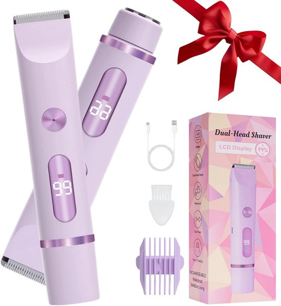 Scheerapparaat - 2-in-1 elektrisch scheerapparaat - Elektrische bikin trimmer voor vrouwen - Met dubbele kop voor vrouwen - Oplaadbaar nat en droog scheerapparaat voor vrouwen - Schaamhaar - Benen - Gezicht - oksels (Paars)