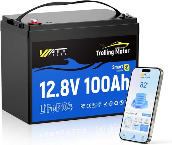 WattCycle 12V 100Ah LiFePO4-accu met Bluetooth – 120A BMS – IP67 waterdicht – Voor elektrische boegmotoren, campers en zonne-energie