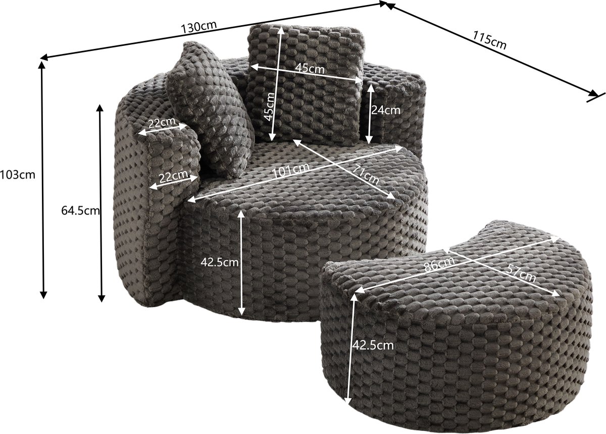 STILVORA Fauteuil 130 x 115 x 103 cm - Met Hocker En Rond Design - Voor Woonkamer En Slaapkamer - Stof - Donkergrijs