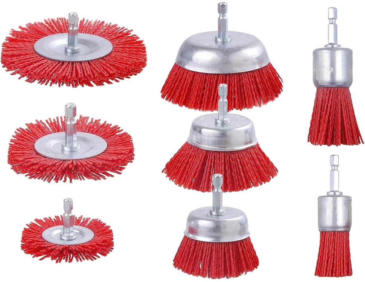 Nylon borstels - Boormachine accessoires - Roest verwijderen - 8 Delige set - 1/4 schacht - rood