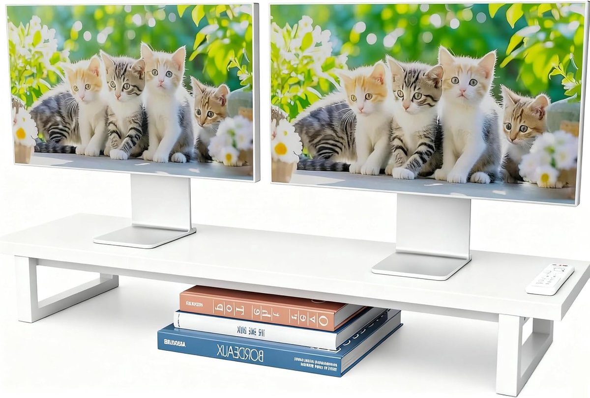 Monitorstandaard - Dubbel Scherm Verhoger - Bureau Organisatie - Geïntegreerde USB Poorten - 96cm Lengte - Wit