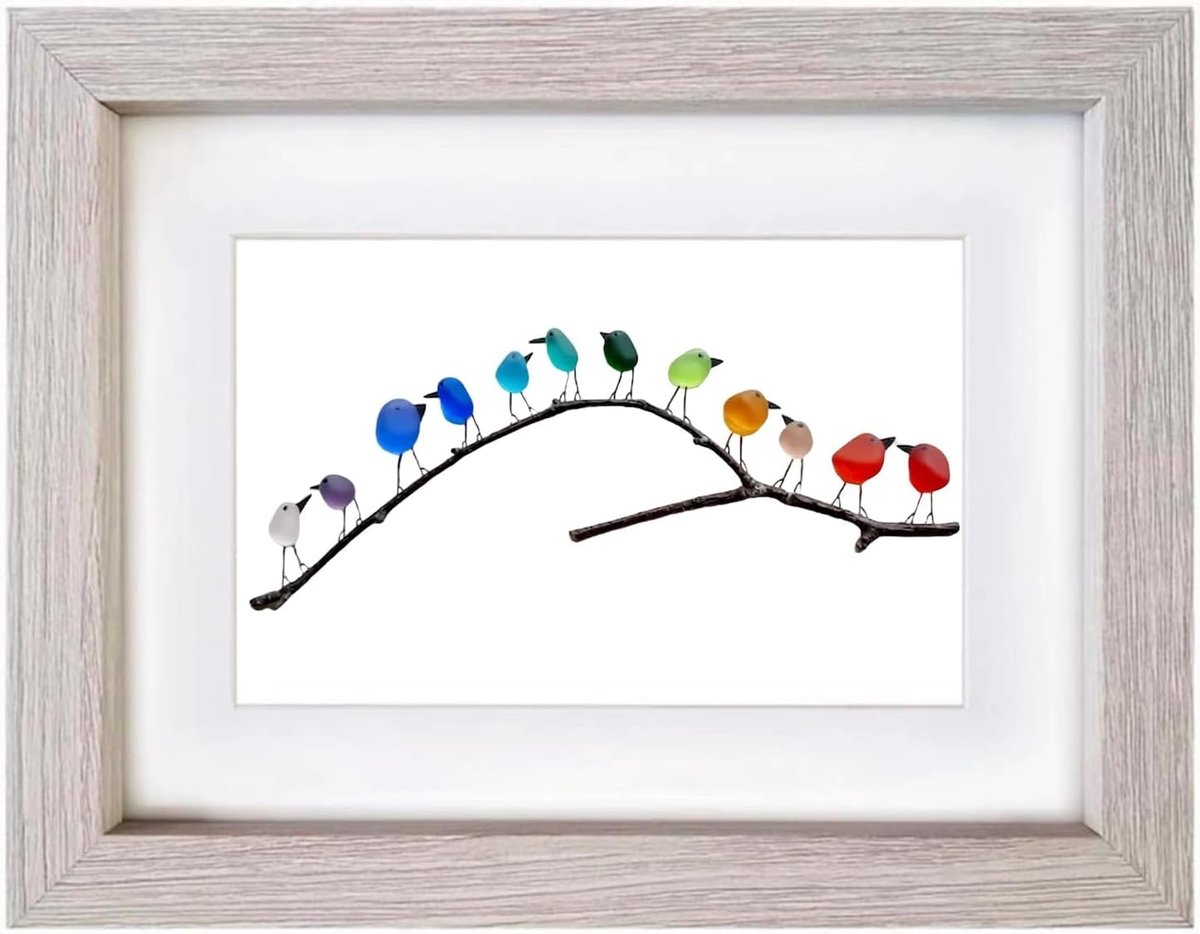 Vogel Kunst - Zee Glas Decor - Muur Decoratie - Handgemaakt Uniek - 31.4x22.7cm - Grijs Frame