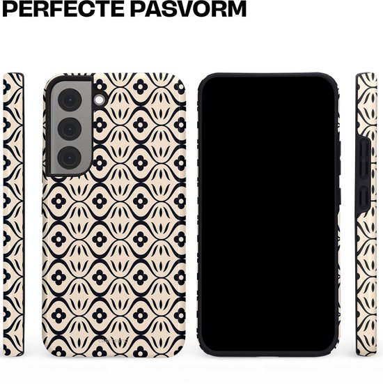 Crème telefoonhoesje met zwart retro bloemenpatroon, getoond vanuit alle hoeken.