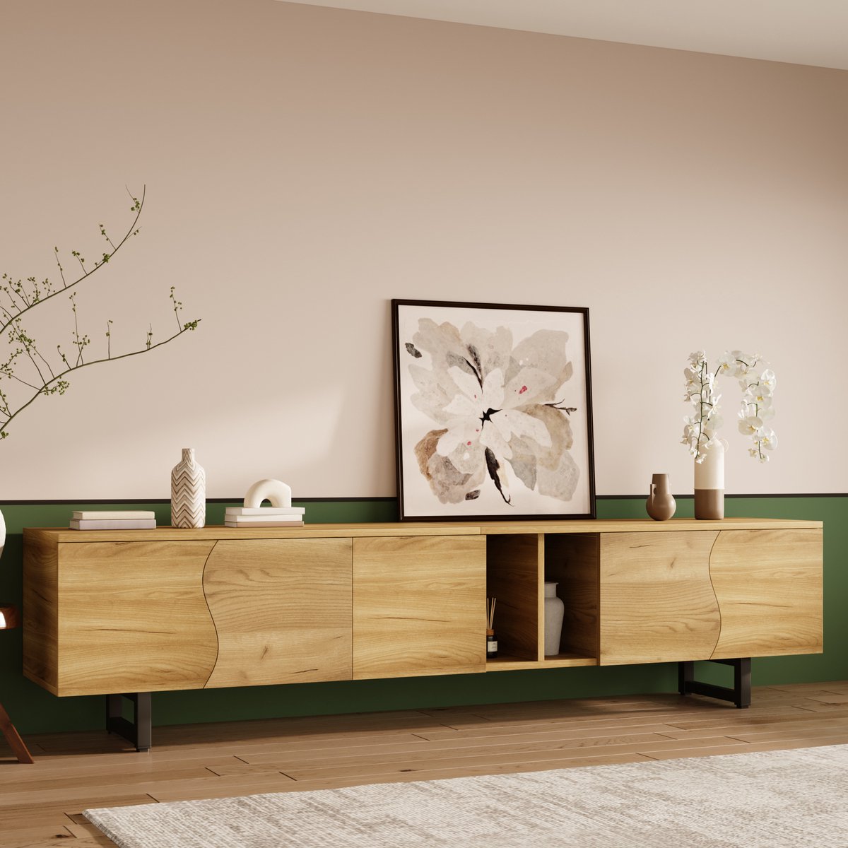 MODENUIT Tv-meubel - Vijf Deuren Met Open Vakken - Voor Woonkamer - MDF En Spaanplaat - Naturel - 191x38x46,5 Cm