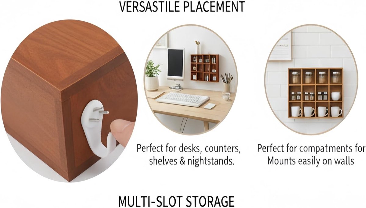 SnelShoppen - Vintage Houten Trinket Shelf Wandrek - 12 Compartimenten Mokken en Knick Knacks Display Plank - Stevige Elegante Houder met Glanzende Ra — cadeau in Wonen & Interieur - foto 5