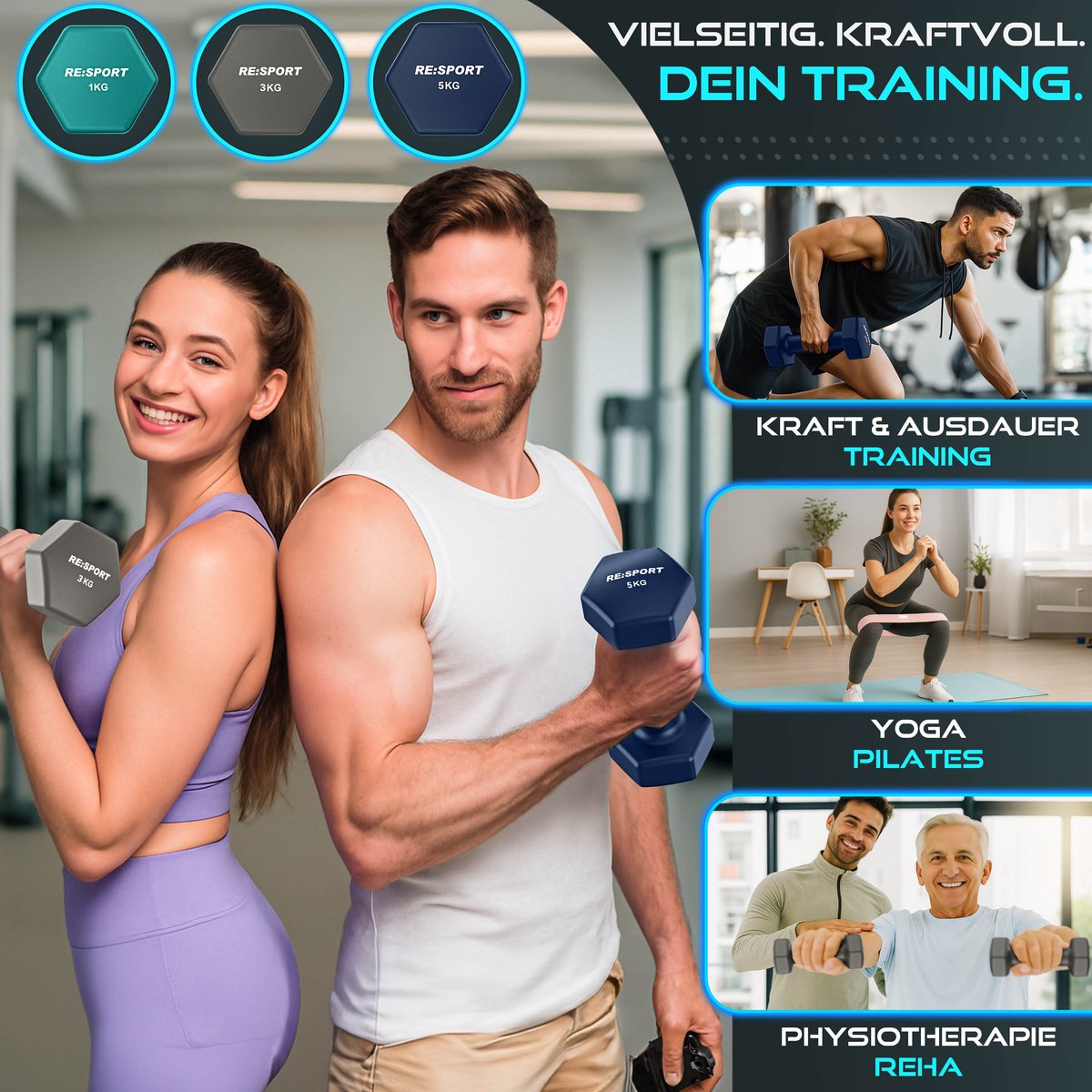 RE:SPORT® Halter Set 3 Paar 1kg–5kg, 18kg met Standaard & 3x Fitnessbanden | Antislip Neopreen Dumbbells voor Dames & Heren | Halters Halterset thumbnail 7