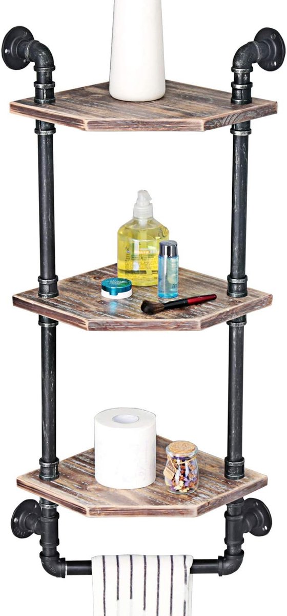 Industriële Hoekplanken - Rustieke Wandplanken - Badkamer Decoratie - Met Handdoekhouder -