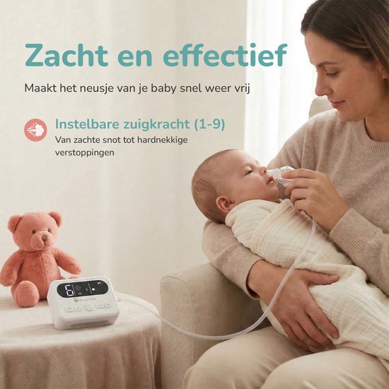 Snugicare Neusreiniger Baby - Elektrische Neuszuiger - Neuspeer - Snotzuiger - Met 9 Zuigniveaus en 10 Verschillende Melodietjes - Oplaadbaar van Merkloos — afbeelding 4
