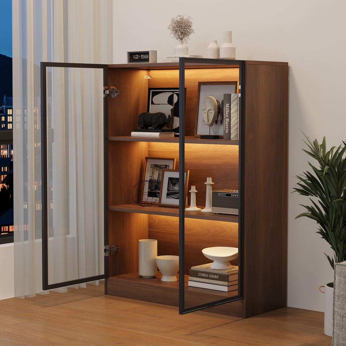 MODENUIT Glasvitrine - Met LED En 3 Etages - Voor Woonkamer En Verzameling - Glas - 80x30x106 Cm - Walnootkleur