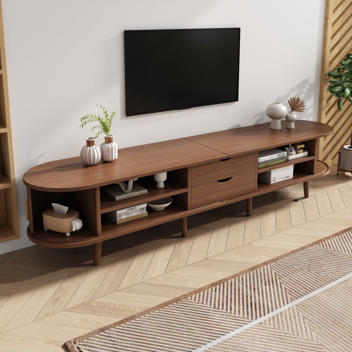 MODENUIT Tv-meubel - Ovaal Ontwerp Met Schuifdeuren En 2 Laden - Voor Woonkamer - MDF Walnootkleur - 175x40x42 Cm