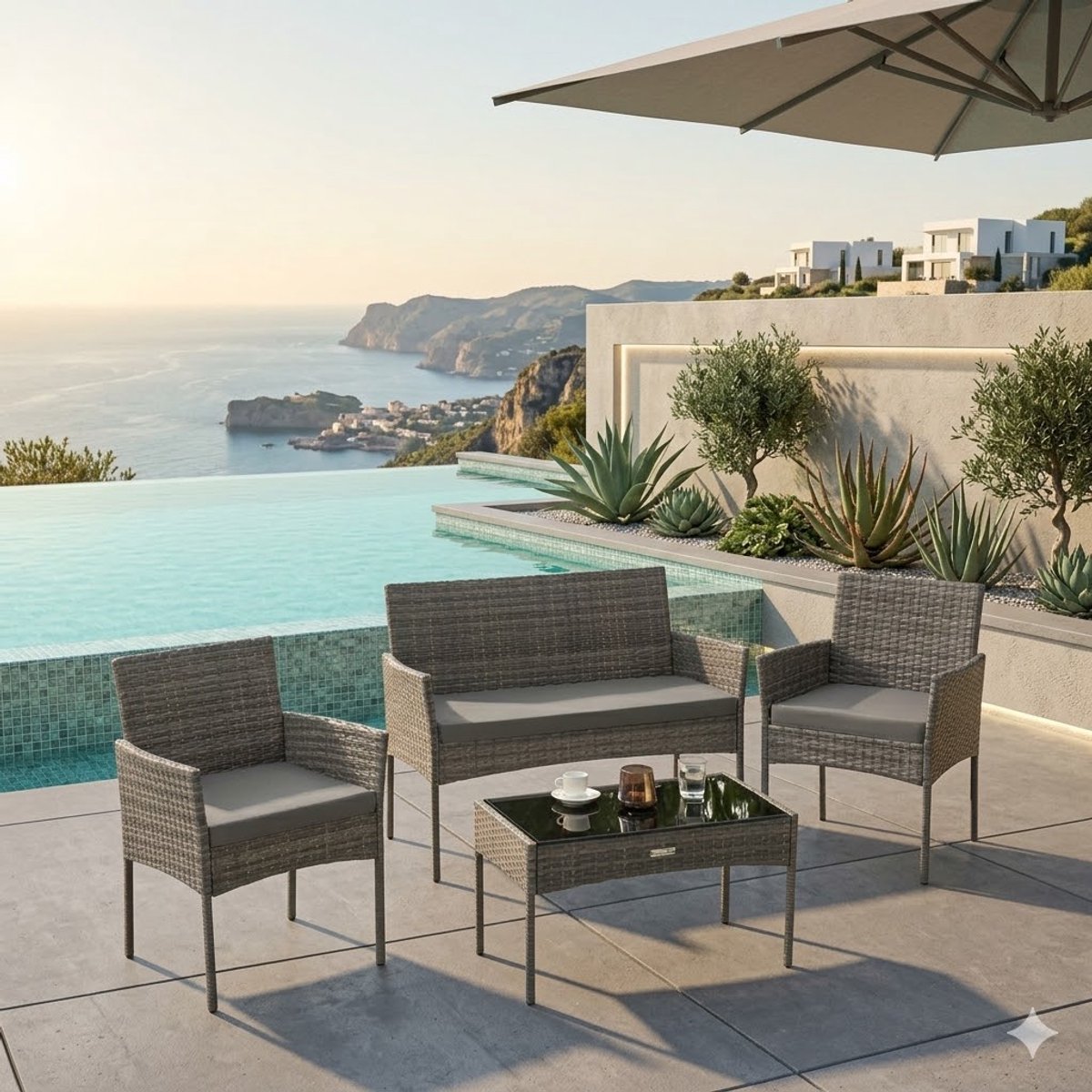 Wicker Tuinset 4 Personen – Loungeset voor Balkon & Tuin met Loungebank, Tafel en Stoelen – Waterafstotende Kussens – Stabiel Stalen Frame – Grijs | House&Garden