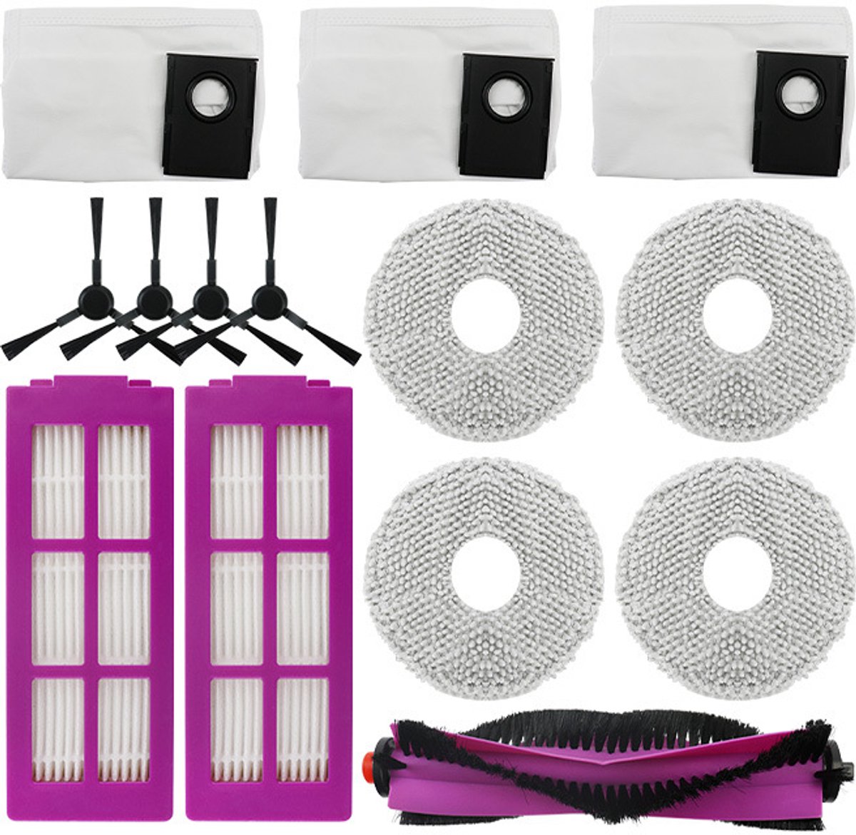 14stuks - Accessoirekit geschikt voor Eureka J15 Pro Ultra Stofzuigerrobot: 1 Rollenborstel - 4 Zijborstels - 4 Vervangende Doeken - 3 Stofzakken - 2 Filters