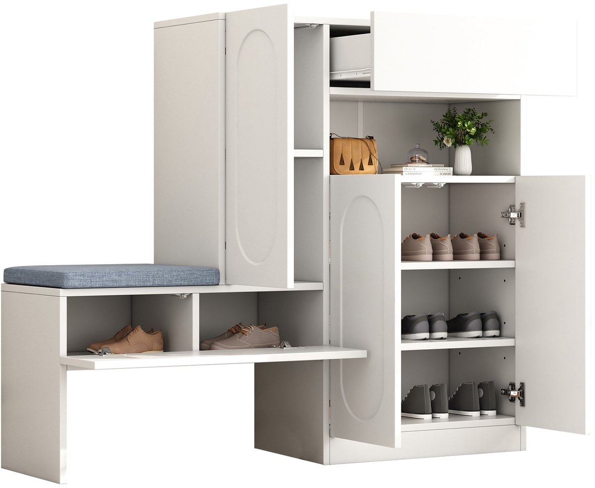 Merax Schoenenkast met Zitbank 130x35x110 cm – Schoenenkast met Klapdeuren en Opbergvakken – Halmeubel Wit met Zitting