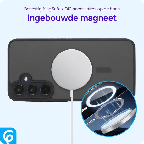 Zwarte, matte hoes met ingebouwde magneet en MagSafe lader.