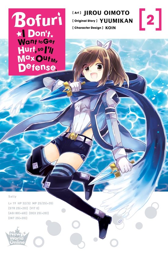 Een anime meisje met bruin haar, een blauwe sjaal en witte kleding, met twee dolken in haar handen.