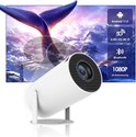 Witte beamer projecteert een walvisstaart en berglandschap. Specificaties: Android 11.0, 5G Wi-Fi, Bluetooth, 1080p.
