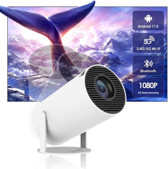Witte beamer projecteert een walvisstaart en berglandschap. Specificaties: Android 11.0, 5G Wi-Fi, Bluetooth, 1080p.