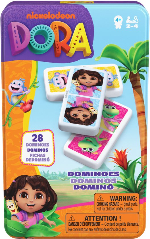Dora domino doos met afbeeldingen van Dora, Boots, en flora