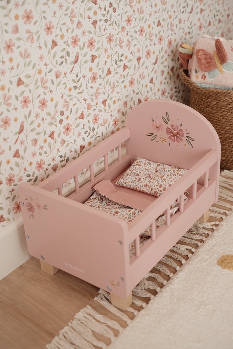 Little Dutch Poppenbed – Soft Flowers – Roze Hout — afbeelding 4