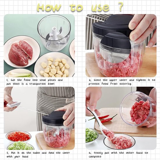 BORVAT® - Groentesnijder met Trekkoord - 900ml - RVS Hakmolen - Second Chopper - Voor Groenten, Fruit & Noten - Handmatige Food Processor - Grijs van Borvat — afbeelding 5