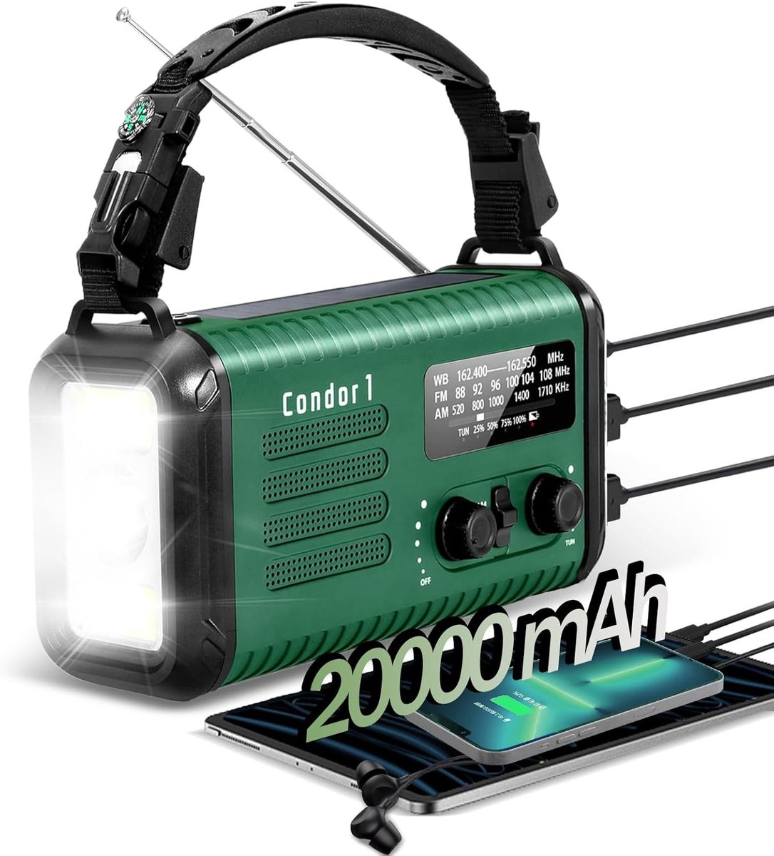 Noodradio Solar 20000mAh met Powerbank & Handcrank – FM/AM/WB Radio, 2x USB Uitgang, Zaklamp 3 Modi, LED Leeslamp, 120dB SOS Alarm, Kompas, IPX3 Waterdicht, voor Blackout, Camping & Survival