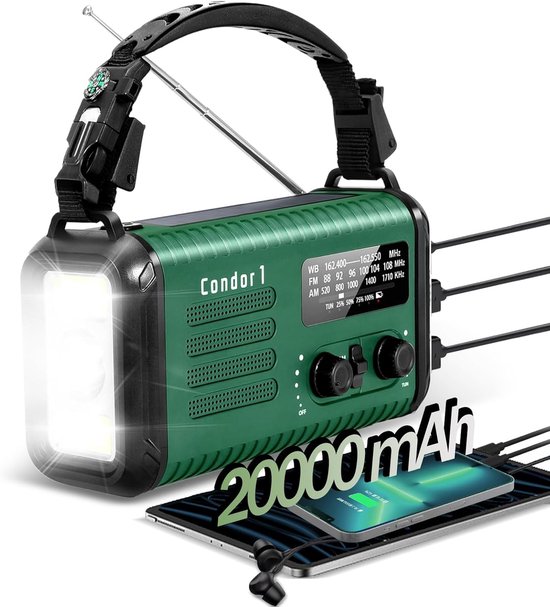 20000mAh noodradio, op zonne-energie werkende handcrankradio AM/FM/WB weerradio, op batterijen met mobiele telefoonoplader, SOS-alarm, zaklamp en leeslamp voor noodgevallen, stroomuitval, kamperen