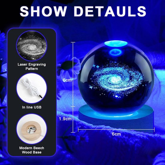 3D Crystal Ball Lamp - Night Light voor Kinderen - 6cm LED Galaxy Planeet Nachtlamp met Houten Basis - Kleurrijk voor Slaapkamer van Merkloos — afbeelding 5