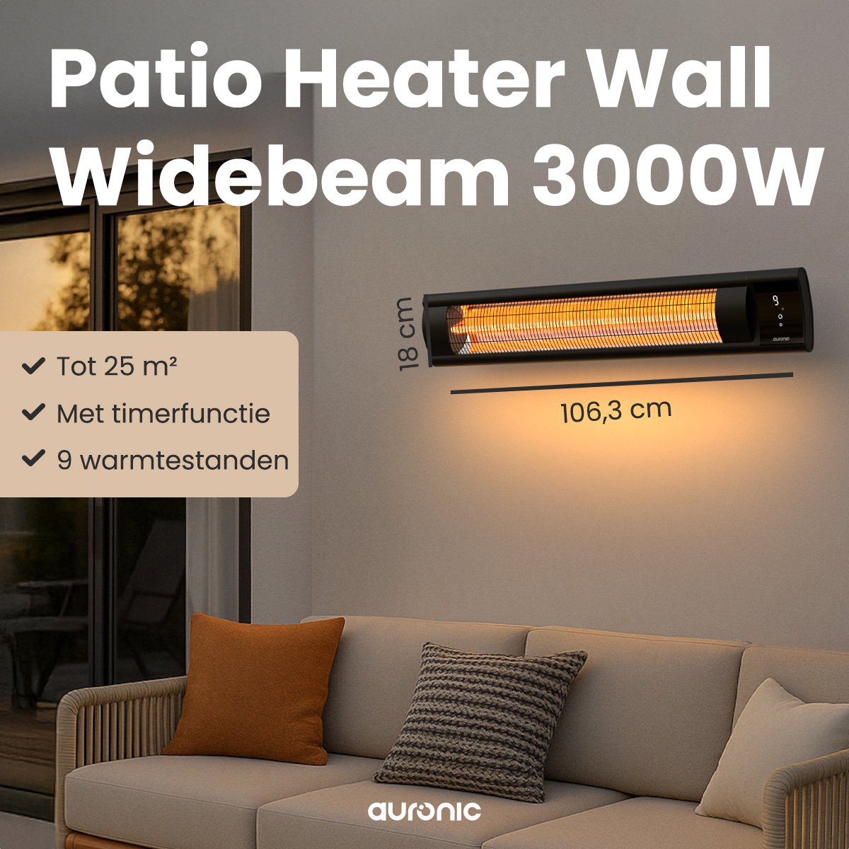 Auronic Terrasverwarmer - XL - Infrarood Verwarming - Elektrische Heater - 25m2 - 3000W - Afstandsbediening - 9 Standen - Zwart – foto 2