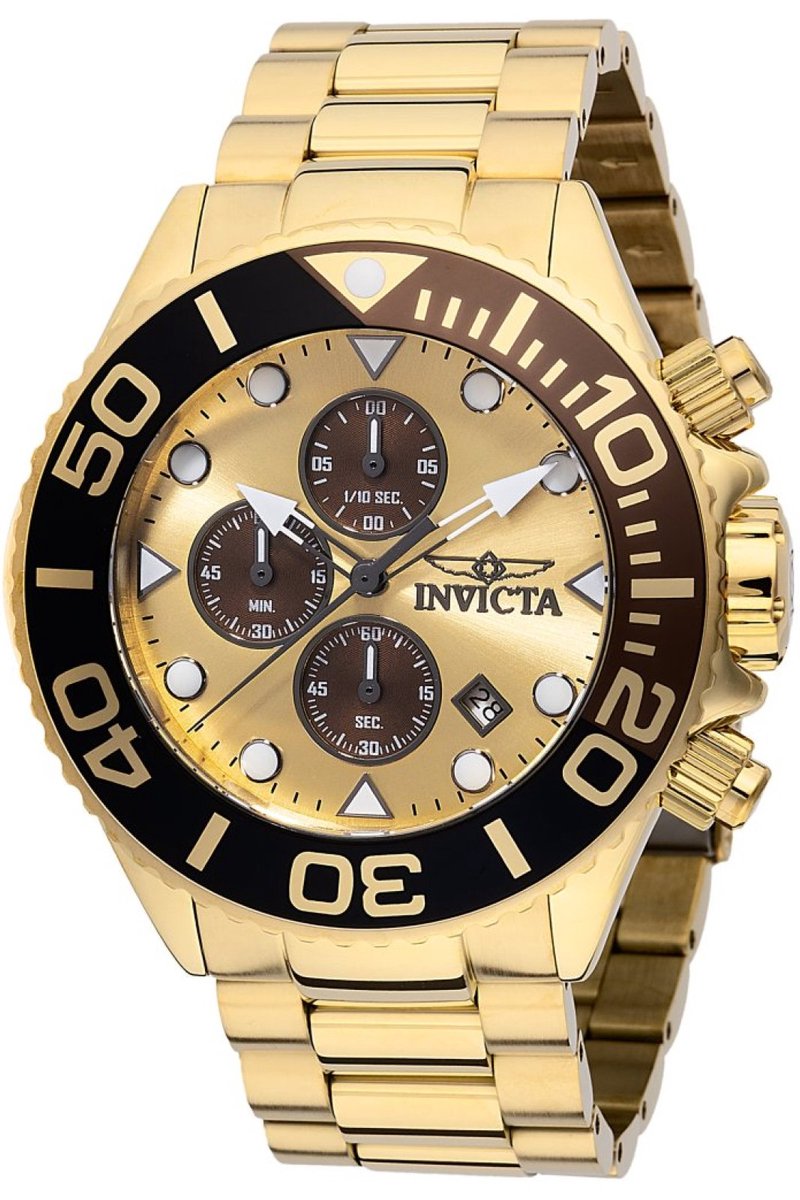 Invicta Grand Diver 48590 Heren Horloge - Waterdicht - Analoog - Quartz Uurwerk - Roestvrij Staal met gouden Wijzerplaat - 52mm